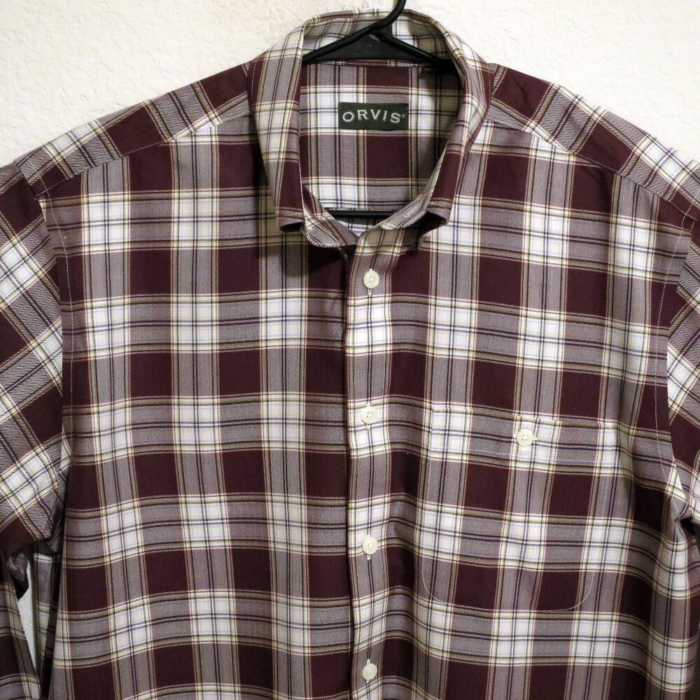 Orvis Shirt Mens Large Long Sleeve Button Maroon White Stripes